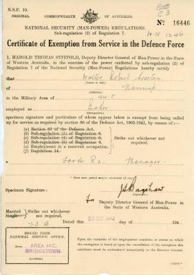2 Certificates of exemption from Military Service (W Sexton)
