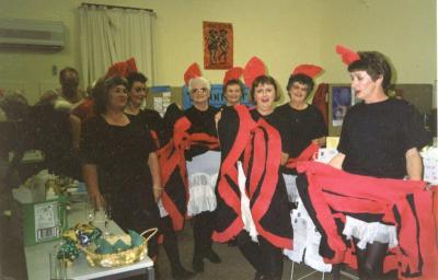 L-R Ray Moss, Yvonne Bishop, Beryl Hemsworth, Rhoda Rowe, Jan Cole, Carol Pinkerton, Val Gazzola, Gillian Pinkerton. August 2000. Can Can dancers. Gentle Gym.