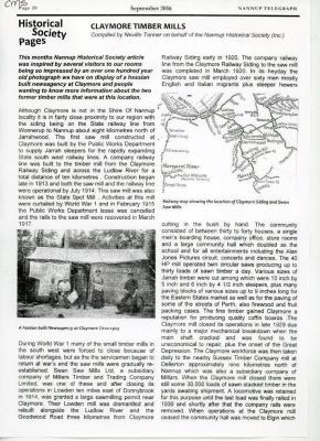 Claymore Timbermills - Nannup Telegraph September 2016. Compiled by Neville Tanner.