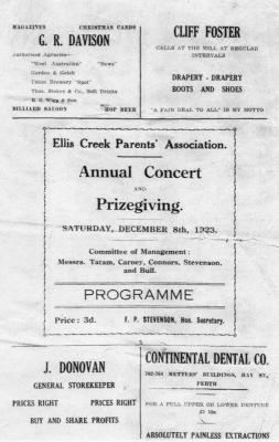 Ellis Creek Parents Association. Annual Concert and Prize giving program December 8th 1923
