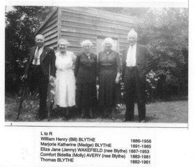 L-R: William Henry (Bill) Blythe 1886-1956, Marjorie Katherine (Madge) Blythe 1891-1985, Eliza Jane (Jenny) Wakefield (Neé Blythe) 1887-1953, Comfort Bidellia (Molly) Avery (Neé Blythe) 1883-1981, Thomas Blythe 1882-1961