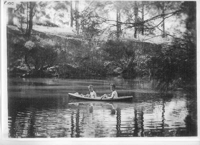 James and Bill Southwood in canoe on Blackwood River. Mid 1950's