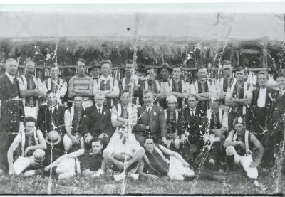 Black and White photograph Kellerberrin Football Club Back Row : Charlie Stewart, - , George Gardiner, -, Mr Elliot, Jim Clothier, Clarrie McClelland, - , Gus McCabe, George Scott, - Cecil Aitcheson Middle :  Dick Burrell, Alan Gardner, Harold Skidmore...