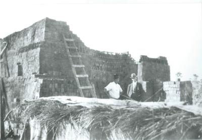 Black and White photograph Kellerberrin Brick Kiln, owned by Woods family.  The first and only brick kiln in town. Left - Mr Bowen, - , Right - Stan Colbies