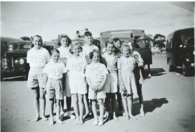Black and White photograph Mt Stirling School Students - Andrew McNeil, Yvonne Newman, Jeanette Gardiner, Janet Dixon, Janice Newman, Dorothy Sales, Kevin Sales, Graham Newman, Betty Gunn