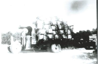 Black and White photograph.  Electweld Steel gas producer fitted to Albion Truck carting hay