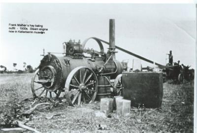 Black and White photograph.  Kellerberrin Mathers hay baling outfit.  Steam engine now in Kellerberrin museum