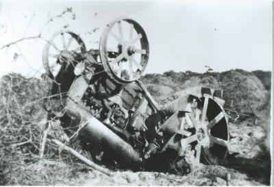 Black and White photograph.  Overturned truck on Forster Farm