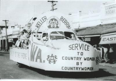 Black and White photograph.  Back to Kellerberrin 1959.  CWA float in street parade