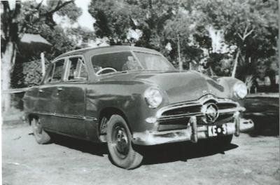 Black and white photograph.  Geoff Cole's Ford custom 1949 Daadenning