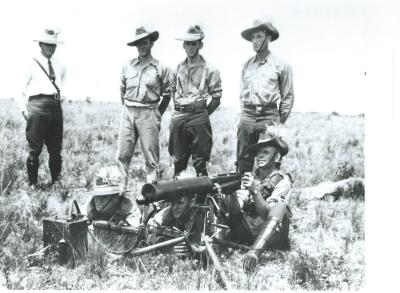 Black and White photograph. Top from left - Gus Carger, Don Forsyth, Reynold Sutherland, Allan Sutherland Below - Alf Stevens, Harry Gardiner, Octavius Cole KE#3 Troop Group C - 25th Light Horse - Machine Gun Regiment