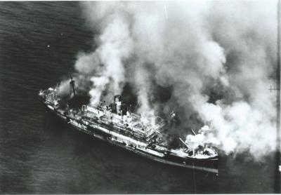 Black and White photograph Middleburg Island.  Japanese Freighter