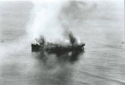 Black and White photograph Middleburg Island.  Japanese Freighter WWII