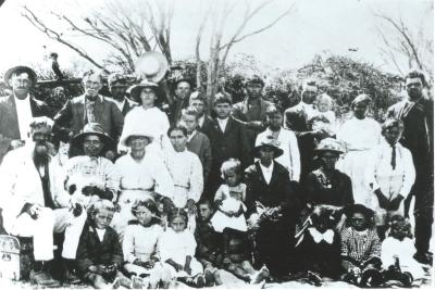 Black and White photograph Djurian Mission circa 1920.  Cliff Humphries middle row right side wearing tie