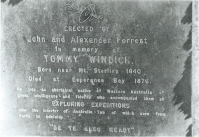 Black and White photograph Tommy Windich Memorial Stone.  " An aboriginal native of Western Australia of great intelligence and fidelity who accompanied John and Alexander Forrest on exploring expeditions into the interior of Australia"  Born near Mt S...