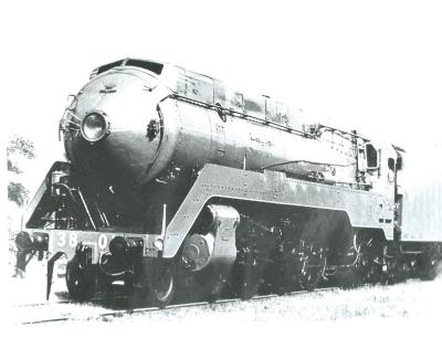 Black and White photograph.  Locomotive 38.01 from NSW for opening of standard guage rail 1965