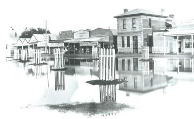 Black and White photograph.  Kellerberrin Floods 1921.  Massingham St flooded