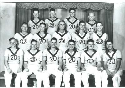 Black and White photograph.  Kellerberrin Fire Brigade 1953. Back Row:  W McCulloch, J Doy, A Whyte, R Hathaway 2nd Row : F Braysher, M Loton, G Scott, (Ex capt) R Johnson, T Loton 3rd Row : S Humpleby, S Carger (Sec) S Johnson (Foreman), H Fleming (Ca...