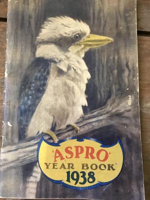 Aspro Year Book 1938 Booklet printed in 1938, 64 pages. Picture of Kookaburra on the cover. Contains fulfilled predictions for 1937 and Astrological predictions for home and abroad.  Horoscopes, gardening by the stars,cricket, tennis and racing records...