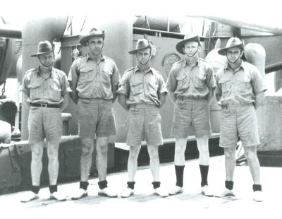 Black and White photograph.  POW's A McBain - Prisoner Crete L F McLennan - Prisoner Crete W S Chambers - Prisoner Crete W Nicholson - Transported to Corp guards B Skillen - Wounded and Prisoner Crete