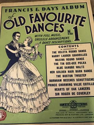 Francis & Days Album of Old Time Favourites Piano music book - 48 pages - 11 musical arrangements. Green Cover with cream trim, picture of dancing couple on the cover.