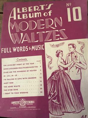 Alberts Album of Modern Waltzes No 10. Piano music book - 24 pages - 9 waltzes. Red and cream cover with picture of dancing couple