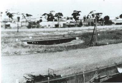 Black and White photograph.  Kellerberrin Locomotive turntable near Flour Mill