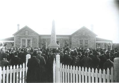 Black and White photograph.  Opening of Kellerberrin Hospital and War Memorial