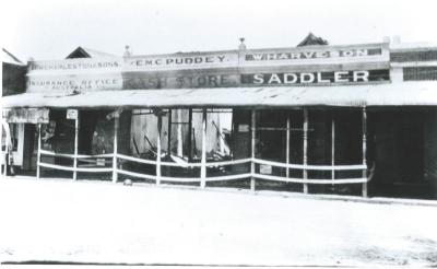 Black and White photograph. Puddey's store fire started 2am