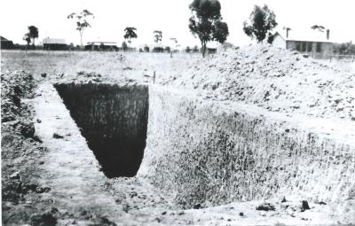 Black and White photograph. Excavation for tank for vaccum oil depot