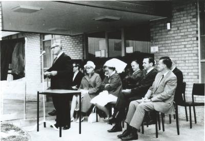 Black and White photograph.  Opening of Kellerberrin Hospital Extension.  Mr Ross Raston making speech