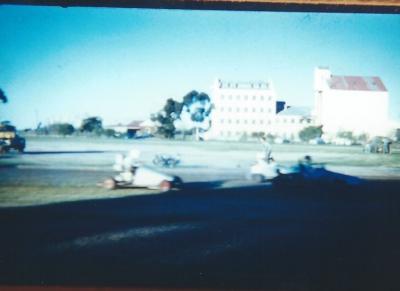 3 photographs showing go cart track. Kellerberrin Flour Mill in background