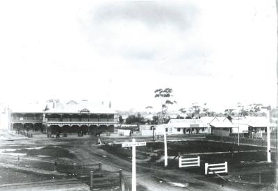 Black and White photograph.  Kellerberrin Hotel - view from Millar's Roof.  Eastern Railway crossing, Massingham Street