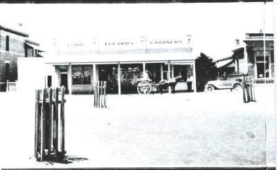 Black and White photograph.  E Caddy, Elfords, Gardners, National Australia Bank Massingham Street, Kellerberrin