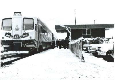 Black and White photograph.  Kellerberrin standard guage rail station - First Prospector train