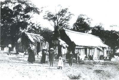 Black and white photograph.  "The Mansion" at old Doodlakine Townsite.  2 women, 3 children and farm animals