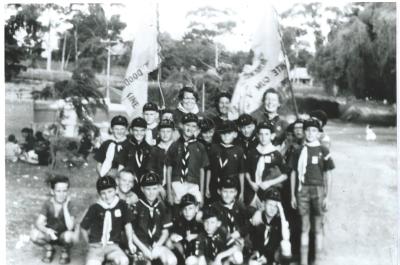 Black and white photograph.  Doodlakine Cub Pack at Perth Zoo