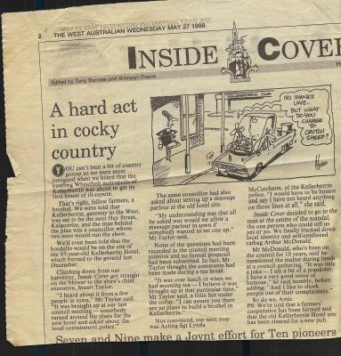 Newspaper article from the West Australian, Wednesday May 27 1998. Tongue-cheek proposal by Arthur McDonald to build a brothel on the vacant land left by the demolition of the Old Kellerberrin Hotel following the fire
