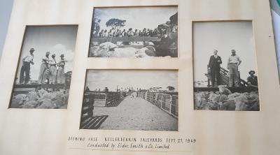 4 Black and White photographs mounted on display board.  Opening sale, Kellerberrin Saleyards September 27 1949 conducted by Elder, Smith & Co Ltd