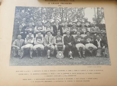 Black and White photograph.  Kellerberrin Football Club - 'A' Grade Premiers 1955 Back Row : J Howlett, D Cole, E Doncon, S Humbleby, R Gibbs, J Gibbs, K Carrott, H Ware, R Hathaway Centre Row :  W Skippings (Vice Pres) C Hicks, C May, R Johnson, K Smi...