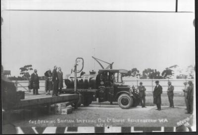 Black and White photograph.  The  opening of the British Imperial Oil Depot Cnr Leake and Hinckley St, Kellerberrin