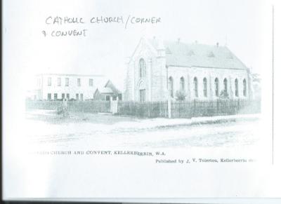 Copy of photograph.  Black and White.   Catholic Church and Convent. Kellerberrin