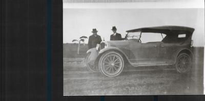 Black and White photograph.  Marchant and J A McKay with Marchant's 1923 Buick