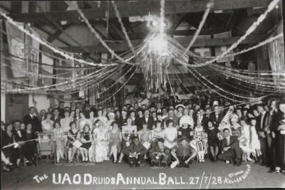 Black and White photograph.  The United Ancient Order of Druids (UAOD) Ball at Henley's silent theatre