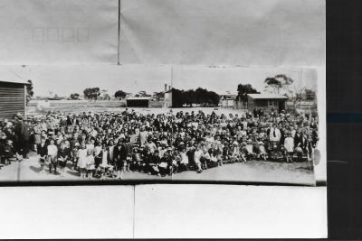 Black and White photograph.  Kellerberrin School Centenary Day.  100 years of WA.  All children received a cup, saucer and medal