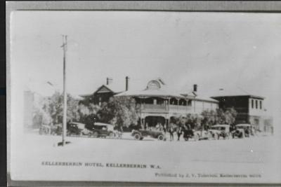 Black and White photograph.  Kellerberrin Hotel Postcard.  Published by J V Tolerton