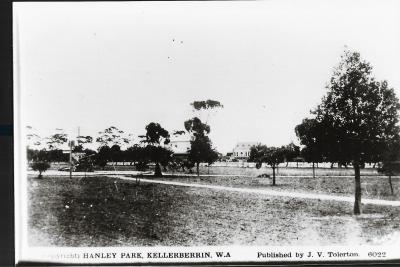 Black and White photograph/Postcard. Looking across Hanley Park to convent and St Joseph's Roman Catholic Church.  Hanley Park is now part of the school area