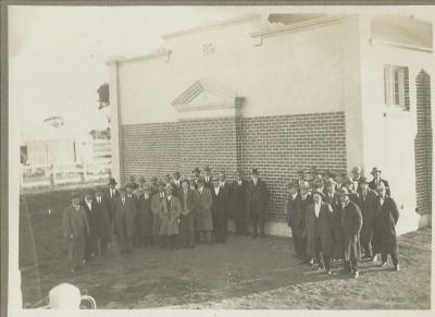 Black and White photograph. Kellerberrin Lodge No 89.  Foundation Marker to mark the completion of the hall was unveiled by R W Bino.  Deputy Grand Master Br A C McCallum MBE (MIL) on 22 August 1928. CA Atkinson - Architect J A McKay - Builder