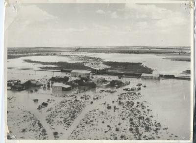 Black and White photograph.  Baandee townsite in flood 1953