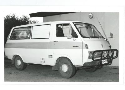 Black and White photograph Len Harris' Music Van.  "Rhythmaires was a local band who played dance music all over the state